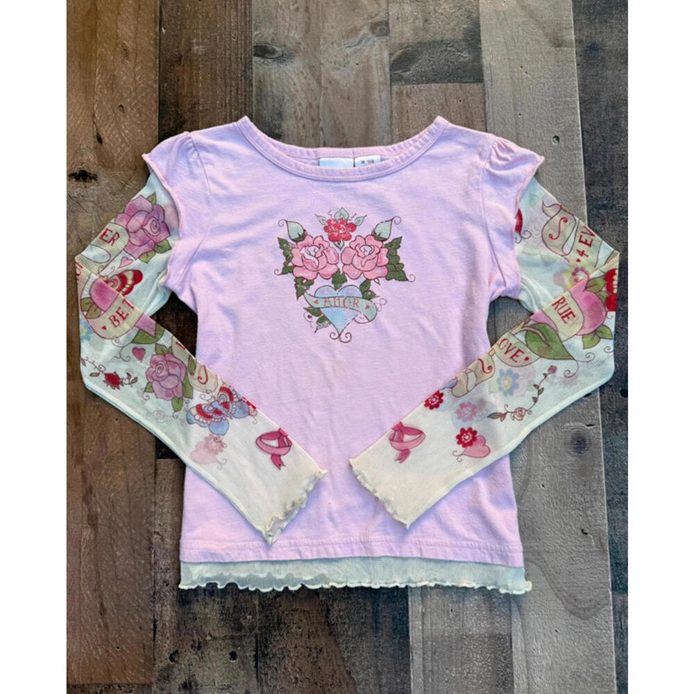 Xhilleration Girls Pink Amor Love Mesh Sleeved Vontage Tee Size 7/8